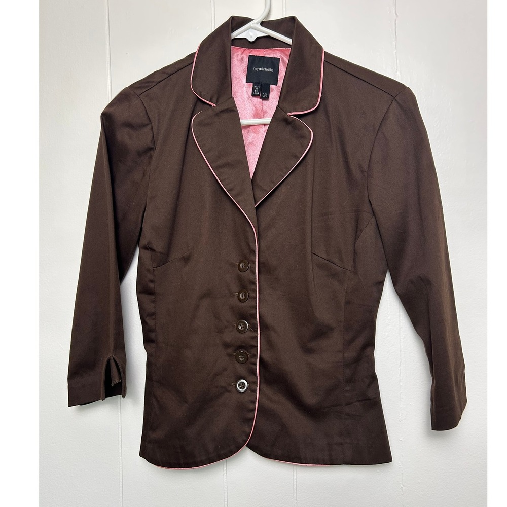 Y2K my michelle Brown Blazer Pink Trim Fitted Career Jacket Size 3/4 vintage 90s